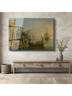 TosbArt Claude Lorrain Liman Deniz Manzarası Temperli Cam Tablo Sanat Tablosu Dekoratif Tablo