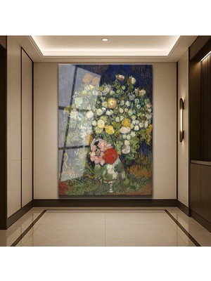 TosbArt Vincent Van Gogh Vazo Krizantem Çiçekleri Temperli Cam Tablo Sanat Tablosu Dekoratif Tablo