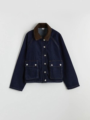 LC Waikiki Kız Çocuk Indigo Fitilli Kadife Yaka Jean Ceket Dark Renk Uzun Kollu 7-8 Yaş
