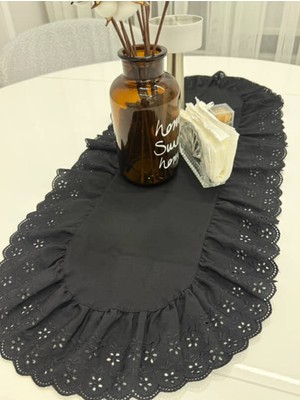 PremiumPort Fırfırlı Fistolu Oval Duck Keten Vintage Runner Siyah 45X140 cm