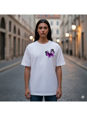 Etoile Studio Unisex %100 Pamuklu Oversize Grafik Baskılı Bisiklet Yaka Tişört Sevgili Kombini Morkelebek