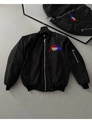 Pilelistore- Tam Fermuarlı Uzun Kol Baskılı Bomber Ceket - Siyah