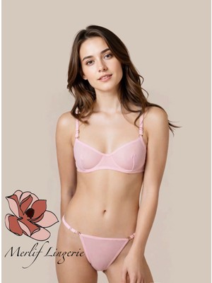 Merlif Lingerie Pudra Açık Pembe Tül Balenli Sütyen & Tanga Iç Çamaşır Takım- Seksii-Fantezii Sevgililer Günü