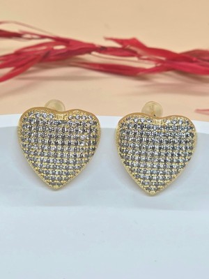 Zirkon Taşlı Gold Renk Kalp Küpe