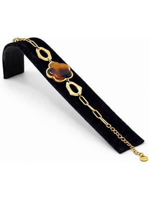 Pangu Çiçek Form Kahverengi Taş Detaylı Altın Renk Çelik Bileklik