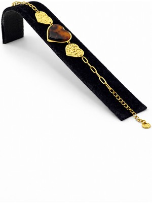 Pangu Kalp Form Kahverengi Taş Detaylı Altın Renk Çelik Bileklik