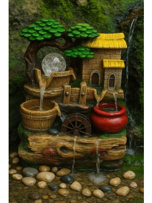 PremiumPort Şelale ve Köy Evi Biblosu, LED Işıklı Masaüstü Su Değirmeni