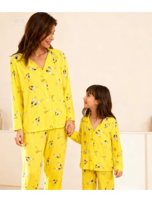 NiCe İç Giyim Neon Sarı Yumuşacık Süet Kadın Gömlek Pijama Takım Baskılı Anne & Kız Çocuk Pijama Ayrı Alınabilir