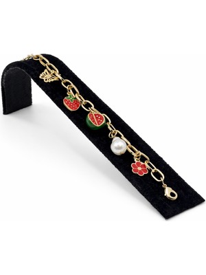 Pangu Çilek ve Kelebek Figürlü Altın Kaplama Bijuteri Charm Bileklik