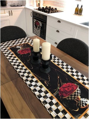 PremiumPort Kırmızı Gül Damalı 2’li Mutfak Seti, Runner ve Fırın Örtüsü Takımı