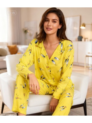 NiCe İç Giyim Neon Sarı Yumuşacık Süet Kadın Gömlek Pijama Takım Baskılı Anne & Kız Çocuk Pijama Ayrı Alınabilir