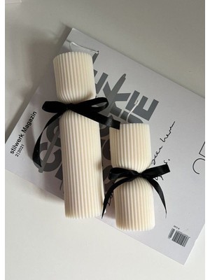 Teknotrust Çizgili Desenli Dekoratif 2'li Kurdeleli Blok Mum Seti