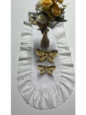 PremiumPort Fırfırlı Fistolu Keten Runner, Dekoratif ve Şık, Beyaz, 35X85 cm