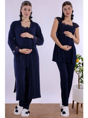 Effortt Lacivert Uzun Sabahlıklı Hamile Lohusa Pijama Takımı