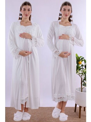 Effortt Ekru Sabahlıklı Hamile Lohusa Gecelik Takım