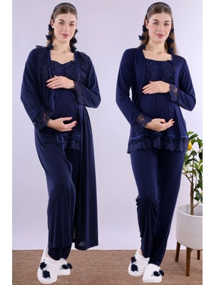 Effortt Lacivert Uzun Sabahlıklı Hamile Lohusa Pijama Takımı