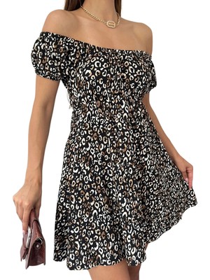 OZGN Madonna Yaka Leopar Desenli Elbise