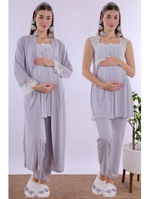 Effortt Gri Uzun Sabahlıklı Hamile Lohusa Pijama Takımı