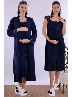 Effortt Lacivert Sabahlıklı Hamile Lohusa Gecelik Takım