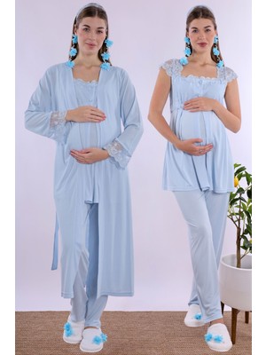 Effortt Mavi Uzun Sabahlıklı Hamile Lohusa Pijama Takımı