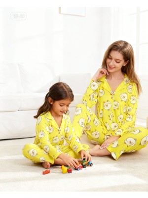 NiCe İç Giyim Sarı Renk Civcivli Süet Kadın Pijama Anne & Kız Çocuk Gömlek Yaka Pijama Takımı Ayrı Alınabilir