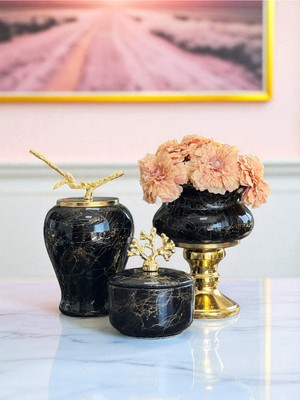 PremiumPort Şık Siyah Mermer Salon Dekoratif Seti, Ayaklı Saksı ve Kutular