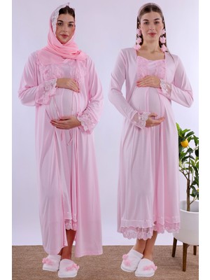 Effortt Pembe Tesettürlü Sabahlıklı Hamile Lohusa Gecelik Takım