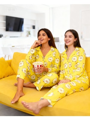 NiCe İç Giyim Sarı Renk Civcivli Süet Kadın Pijama Anne & Kız Çocuk Gömlek Yaka Pijama Takımı Ayrı Alınabilir