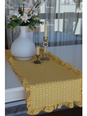 PremiumPort Çiçekli Papatya Desenli Vintage Fırfırlı Keten Runner 40X130CM