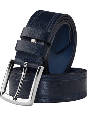 Deepsea Lacivert Yanları Desenli %100 Hakiki Deri Kemer Klasik & Spor Kolay Kısaltılabilir Kemer 2602660