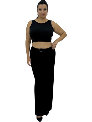 Carmito Büyük Beden Toparlayıcı Kemerli Yüksek Bel Taş Detaylı Geniş Paça Örme Kadın Pantolon