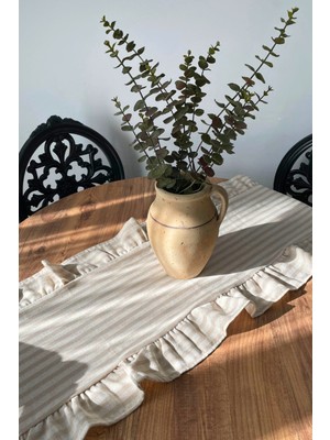 PremiumPort Şık Kahve Çizgili Fırfırlı Runner 40X135, Ev Dekorasyonuna Zarif Dokunuş