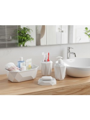 Padilon Geometrik Tasarımlı 4’lü Banyo Seti Sabunluk Diş Fırçalık, Sıvı Sabunluk Sepetlik