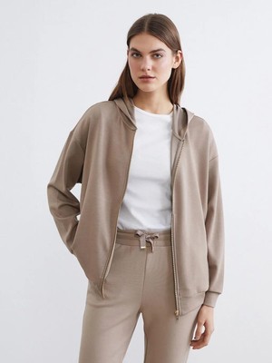 LC Waikiki Kahverengi Kapüşonlu Soft Touch Kadın Fermuarlı Sweatshirt  (S6)