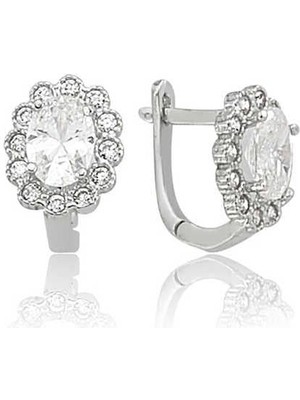 Inure Jewelry Gümüş Oval Taşlı Çiçek Küpe