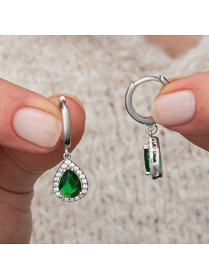 Inure Jewelry Gümüş Yeşil Zirkon Taşlı Damla Kadın Küpe
