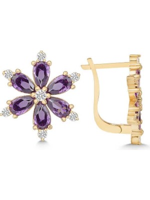 Inure Jewelry Gümüş Gold Mor Lotus Çiçeği Kadın Küpe