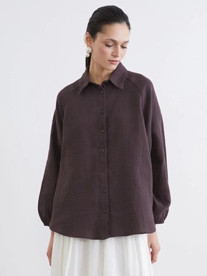 LC Waikiki Kahverengi Dokulu Oversize Müslin Kadın Gömlek Tunik  (S6)