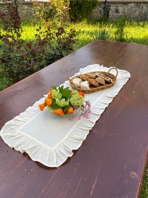 PremiumPort Doğal Pamuklu Ham Keten Fırfırlı Runner 30X80 Cm, Şık ve Zarif Tasarım