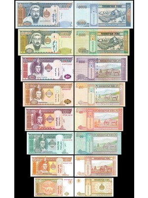 3Alp Koleksiyon Moğolistan 1-5-10-20-50-100-500-1000 Tuğrik, 2014-2020, 8 Li Set, Çil, Eski Yabancı Kağıt Para