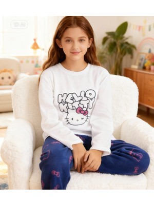 NiCe İç Giyim Hello Kitty Polar Lacivert Beyaz Pembe Kız Çocuk Pijama Takımı Yumuşacık Kışlık Karne Hediyesi
