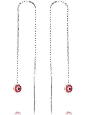 Inure Jewelry Gümüş Zincirli Pembe Nazar Küpe