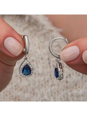Inure Jewelry Gümüş Lacivert Zirkon Taşlı Damla Küpe