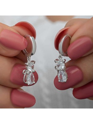 Inure Jewelry Gümüş Sallantılı Kedi Kadın Küpe