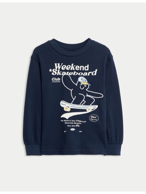 Marks & Spencer Saf Pamuklu Grafik Baskılı Uzun Kollu Tişört (2–8 Yaş)