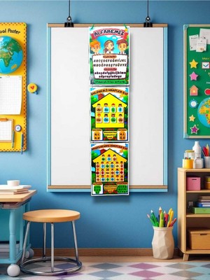 Kozalak Tasarım Alfabemiz Ünlü-Ünsüz Harfler Afişi Okul ve Sınıflar Için Pvc Kaplı 3 Parça Afiş 22*90 cm