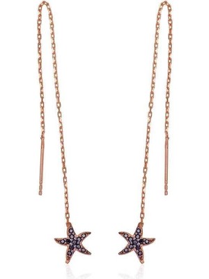 Inure Jewelry Gümüş Siyah Taşlı Deniz Yıldızı Zincirli Küpe