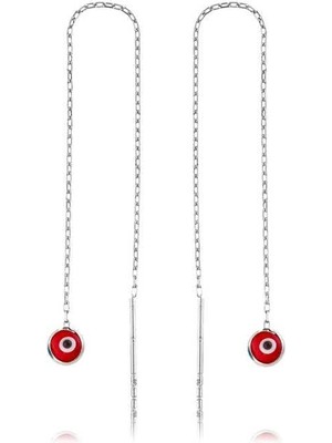 Inure Jewelry Gümüş Zincirli Kırmızı Nazar Küpe