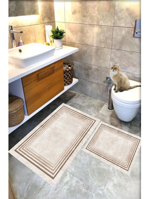 Rovigo Home Dijital Baskı  Modern Banyo Halısı Ikili Banyo Paspası RVG5-LNA003  100X60+60X50 cm