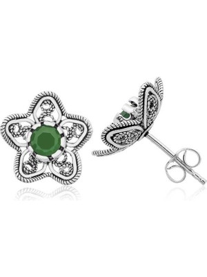 Inure Jewelry Gümüş Telkari Yeşil Nilüfer Çiçeği Çivili Küpe